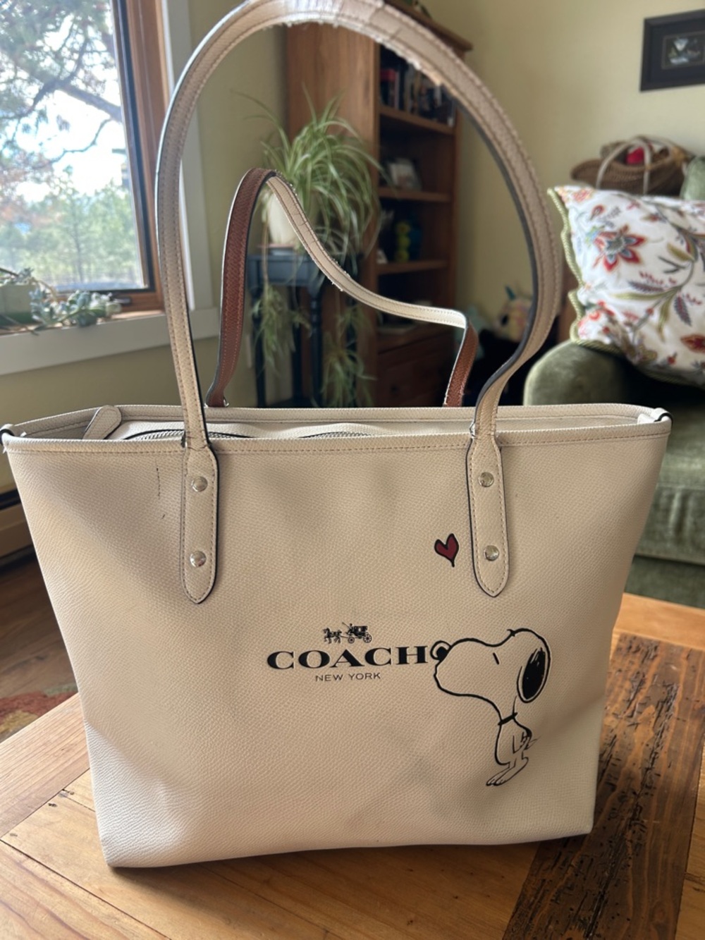 Coach Cream Tote with Snoopy and Heart Detail